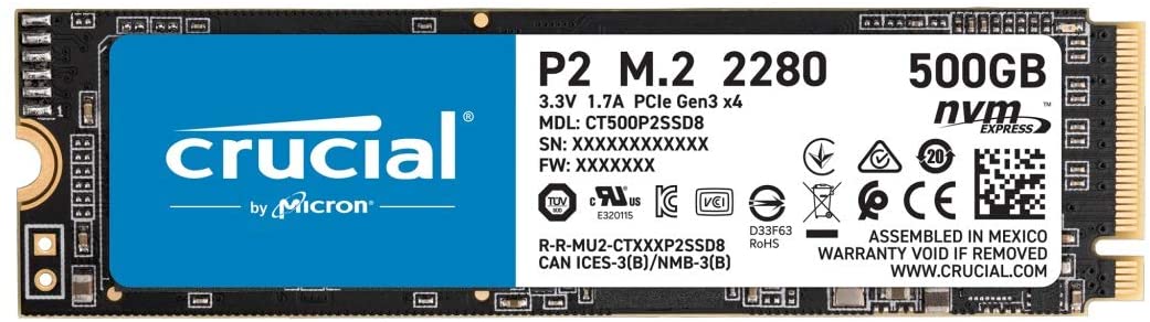 Crucial P2 CT500P2SSD8 500 GB Internal SSD, Up to 2400 MB/s (3D NAND, NVMe, PCIe, M.2), Black